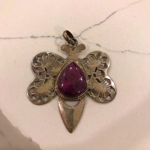Amazing silver moth/butterfly pendant with teardrop ruby stone
